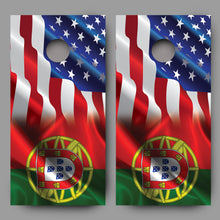 Waving American Flag fading to Flag of Portugal Cornhole Board Decal Wraps