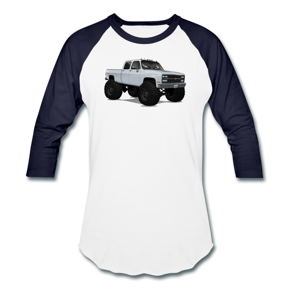White Chevrolet 4x4 Crew Cab Pickup Truck Baseball T-Shirt - white/navy