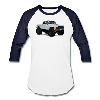 White Chevrolet 4x4 Crew Cab Pickup Truck Baseball T-Shirt - white/navy