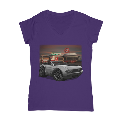 Convertible Mustang Gas Station 2 Classic Women's V-Neck T-Shirt