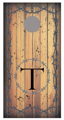 Barbed Wire Aged Wood Background Monogram Cornhole Decal Wraps