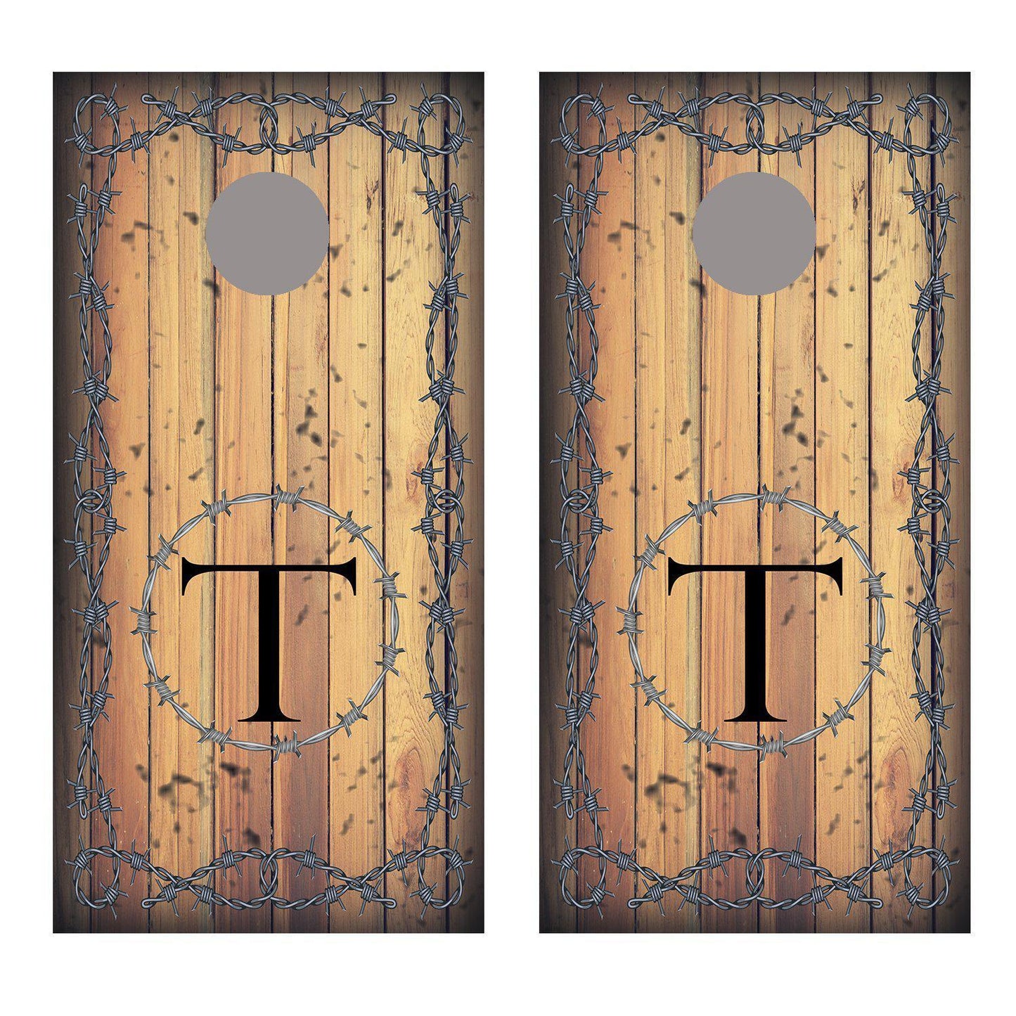 Barbed Wire Aged Wood Background Monogram Cornhole Decal Wraps