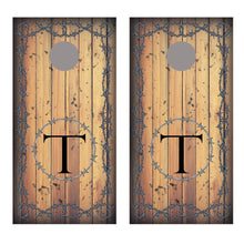 Barbed Wire Aged Wood Background Monogram Cornhole Decal Wraps