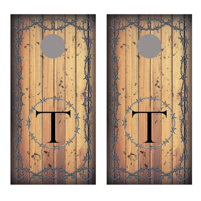 Barbed Wire Aged Wood Background Monogram Cornhole Decal Wraps