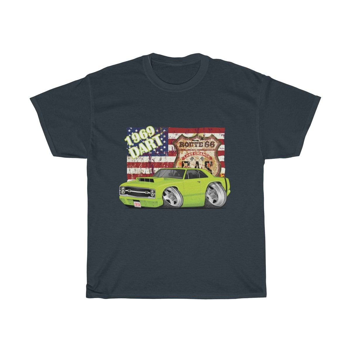 1969 Dart Car Art American Flag Route 66 Unisex Heavy Cotton Tee