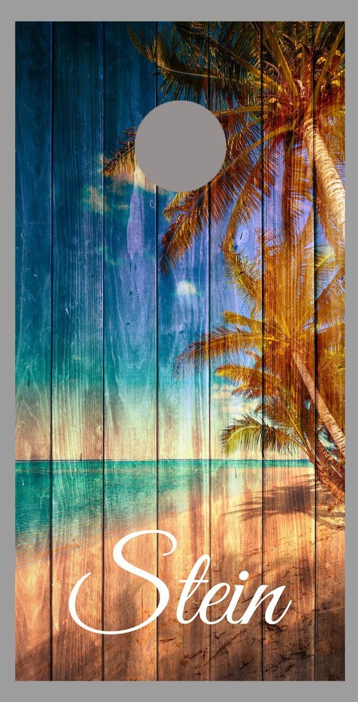 Rustic Wooden Beach Customized With Your Name Corn Hole Wrap