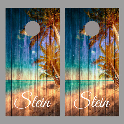 Rustic Wooden Beach Customized With Your Name Corn Hole Wrap