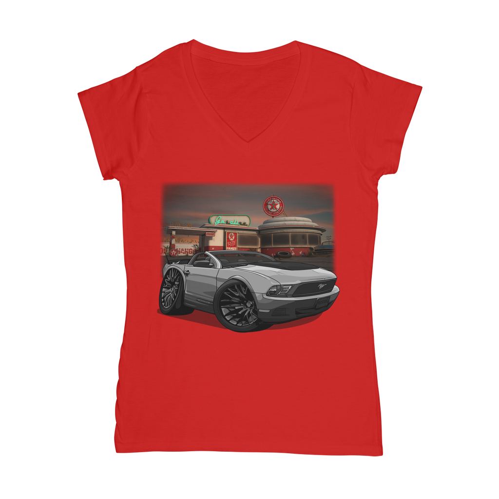 Convertible Mustang Gas Station 2 Classic Women's V-Neck T-Shirt