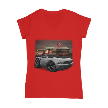 Convertible Mustang Gas Station 2 Classic Women's V-Neck T-Shirt