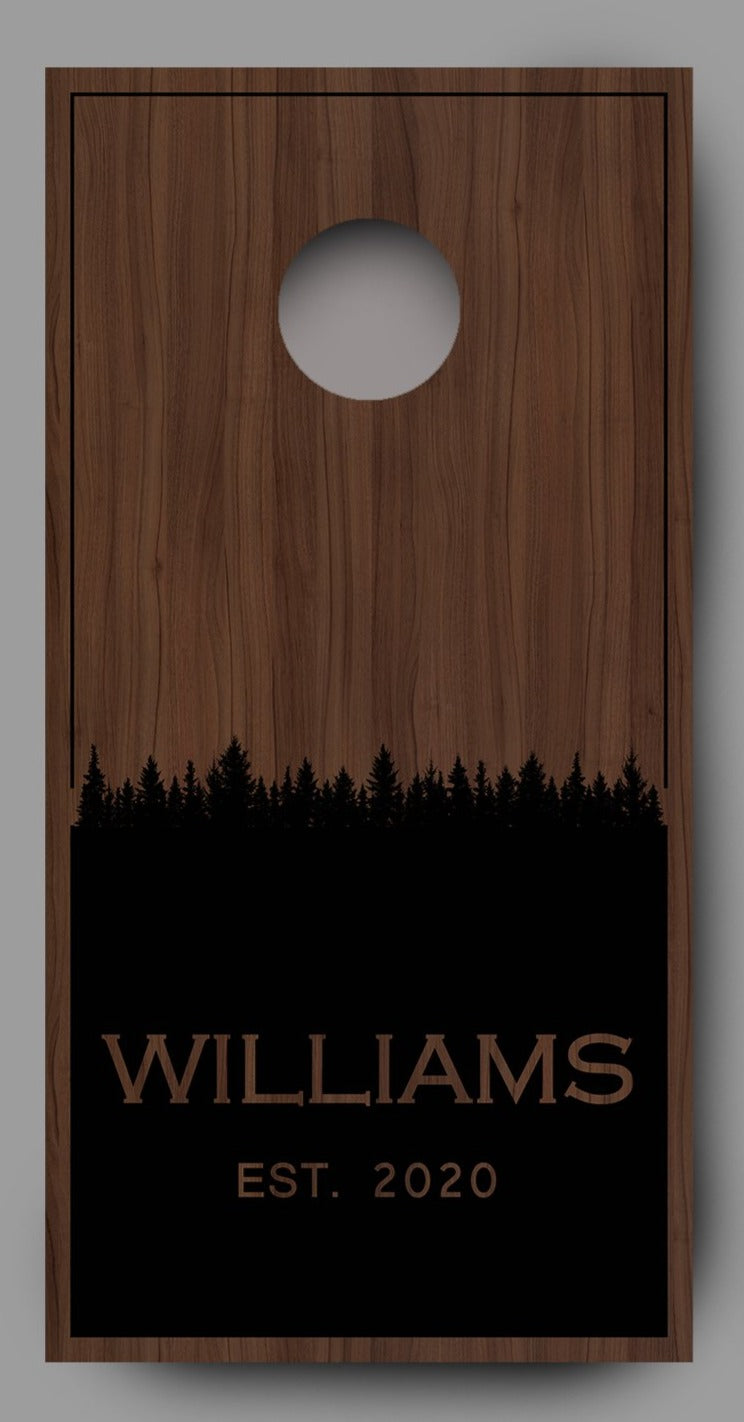 Custom Name with Trees on Wood Black Cornhole Board Decal Wraps