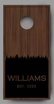 Custom Name with Trees on Wood Black Cornhole Board Decal Wraps