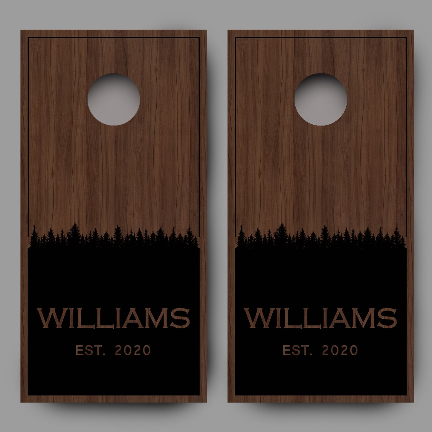 Custom Name with Trees on Wood Black Cornhole Board Decal Wraps