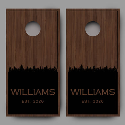 Custom Name with Trees on Wood Black Cornhole Board Decal Wraps