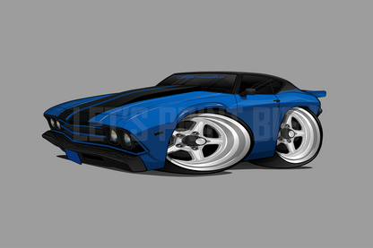 Car Art Blue Black Stripes Chevelle Hot Rod Drag Car Cartoon Wall Decal