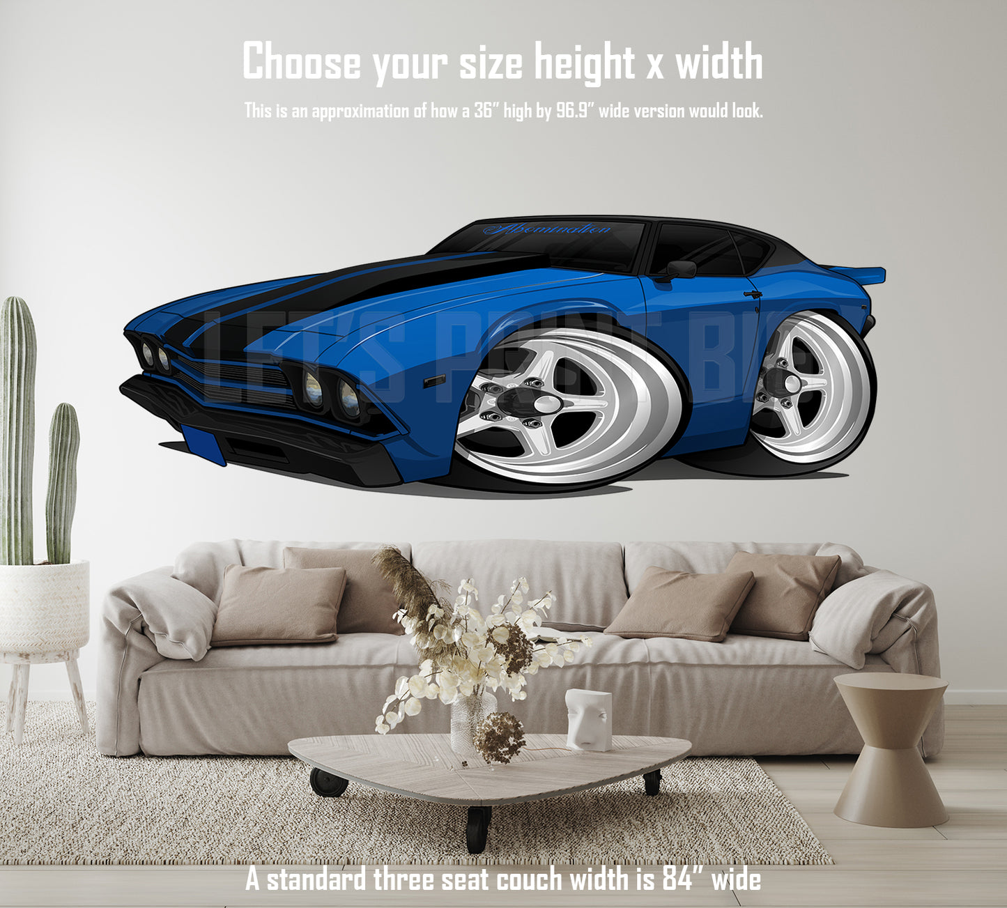 Car Art Blue Black Stripes Chevelle Hot Rod Drag Car Cartoon Wall Decal