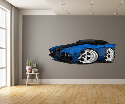 Car Art Blue Black Stripes Chevelle Hot Rod Drag Car Cartoon Wall Decal