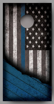 Distressed American Flag with Blue Line Corn Hole Wrap