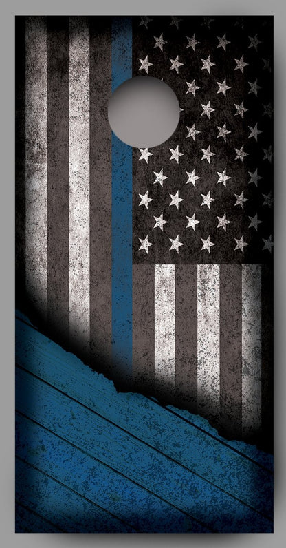 Distressed American Flag with Blue Line Corn Hole Wrap