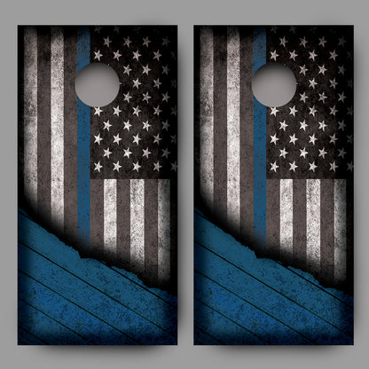 Distressed American Flag with Blue Line Corn Hole Wrap