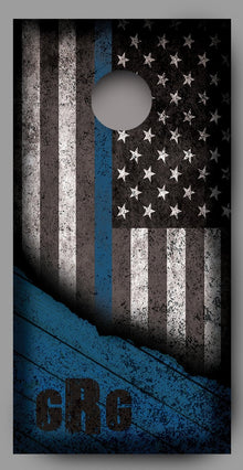 Custom Initialed Distressed American Flag with Blue Line Corn Hole Wrap