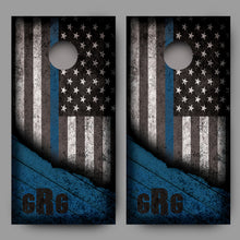 Custom Initialed Distressed American Flag with Blue Line Corn Hole Wrap