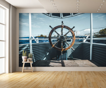 Rustic Boat Wheel Art Mural Wallpaper