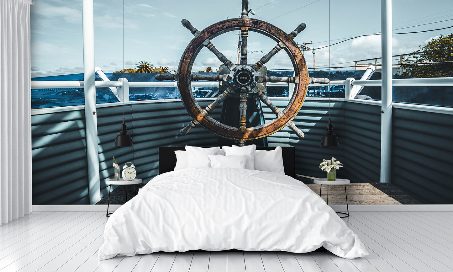 Rustic Boat Wheel Art Mural Wallpaper