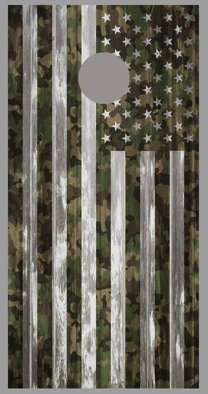 Camouflage American Flag Corn Hole Gray Wood Design Board Wrap