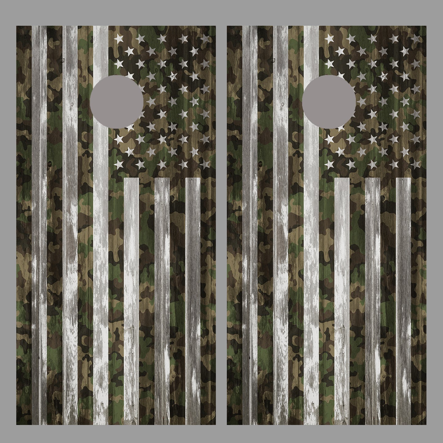 Camouflage American Flag Corn Hole Gray Wood Design Board Wrap