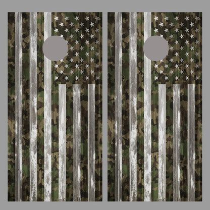 Camouflage American Flag Corn Hole Gray Wood Design Board Wrap