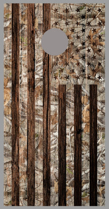 Camouflage American Flag Corn Hole Dark Wood Design Board Wrap