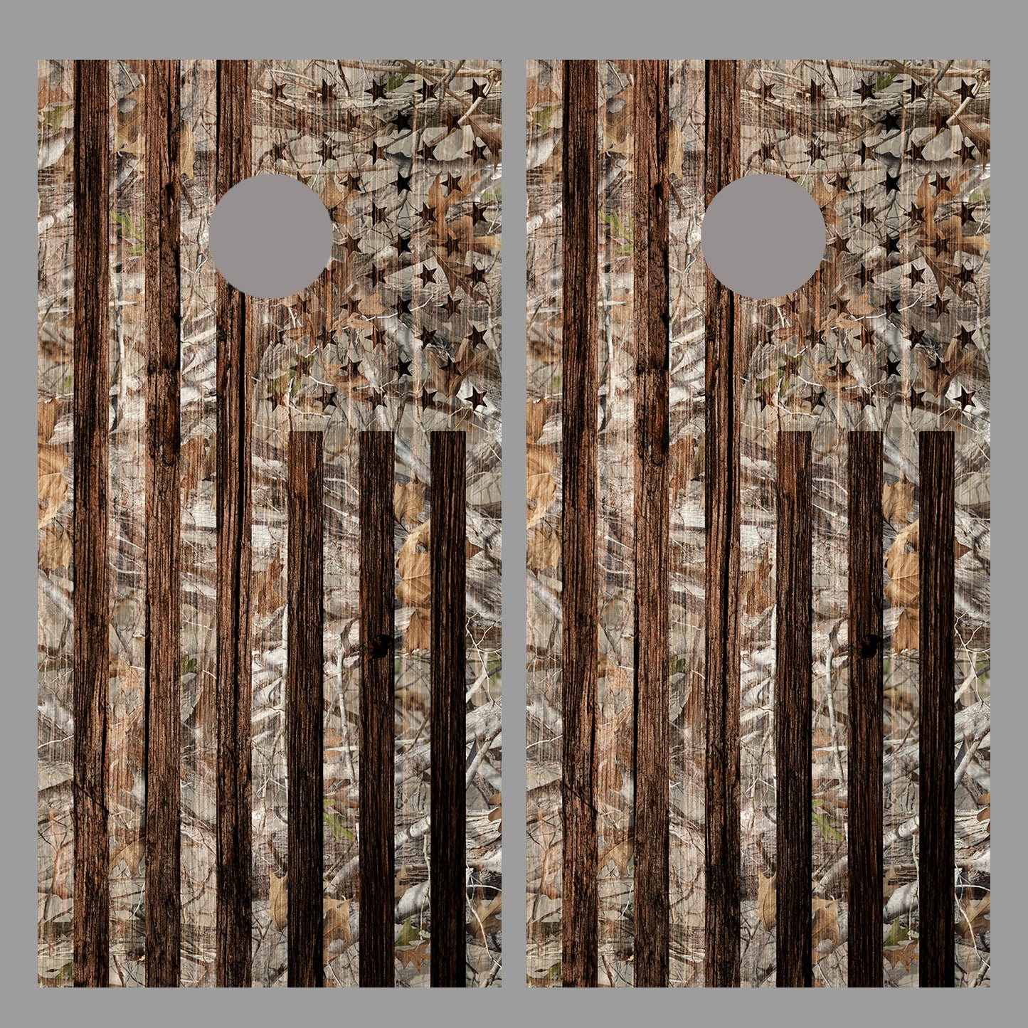 Camouflage American Flag Corn Hole Dark Wood Design Board Wrap