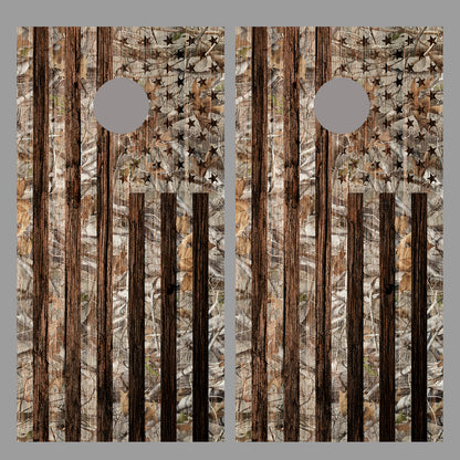 Camouflage American Flag Corn Hole Dark Wood Design Board Wrap