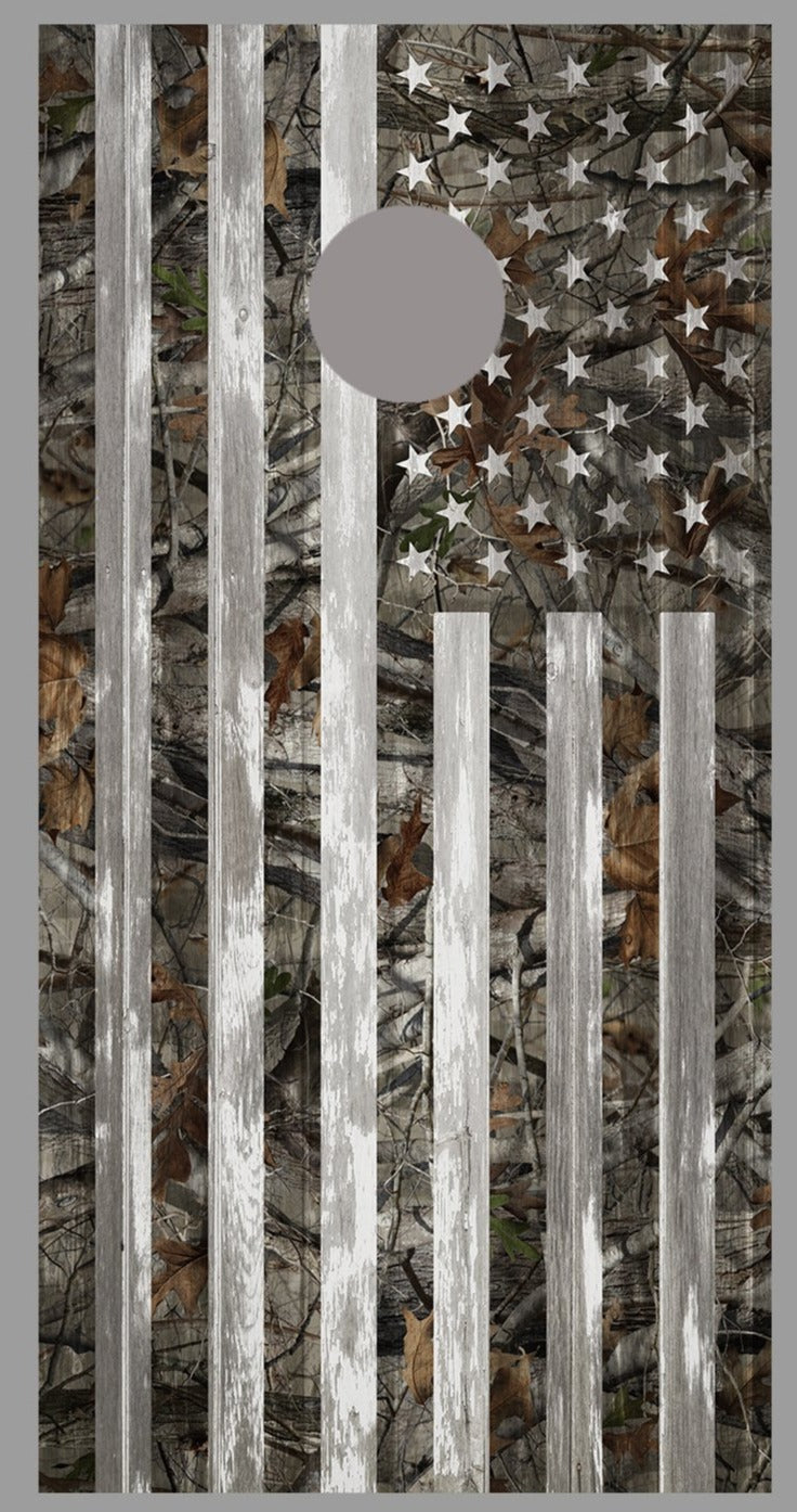 Camouflage B American Flag Corn Hole Gray Wood Design Board Wrap