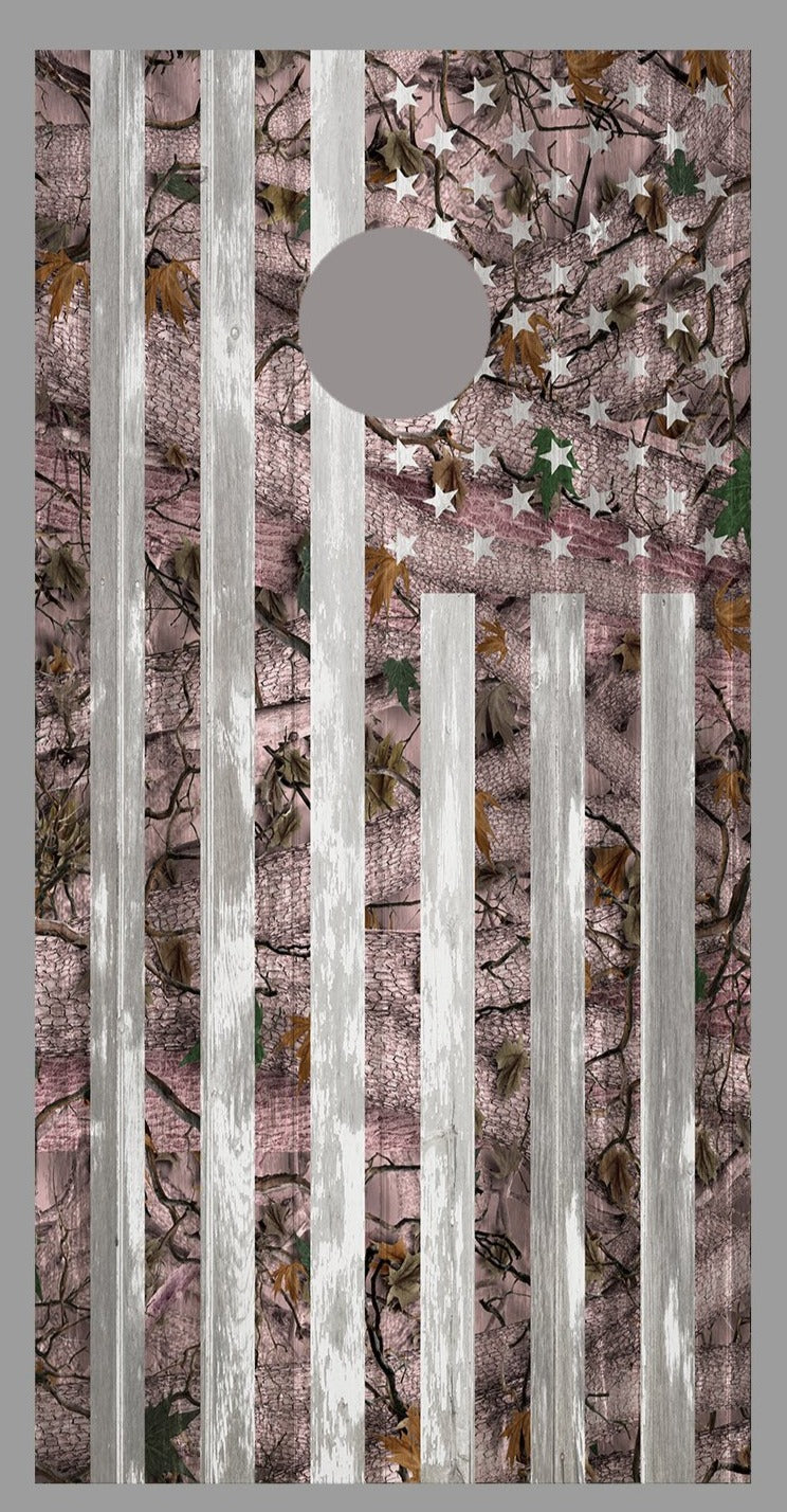 Pink Camouflage American Flag Corn Hole Gray Wood Design Board Wrap