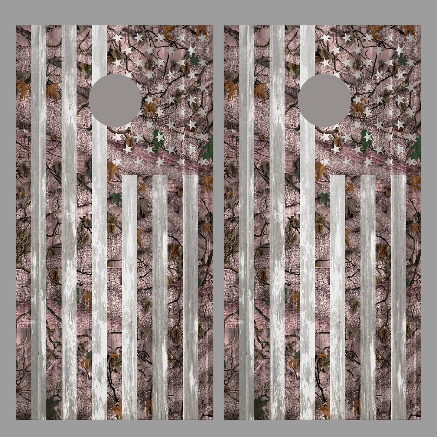 Pink Camouflage American Flag Corn Hole Gray Wood Design Board Wrap