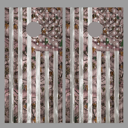 Pink Camouflage American Flag Corn Hole Gray Wood Design Board Wrap