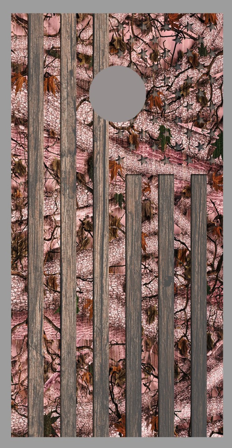 Pink Camouflage American Flag Corn Hole Dark Wood Design Board Wrap
