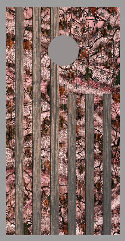 Pink Camouflage American Flag Corn Hole Dark Wood Design Board Wrap