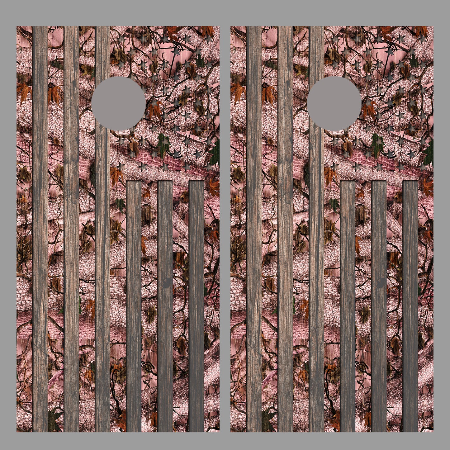 Pink Camouflage American Flag Corn Hole Dark Wood Design Board Wrap