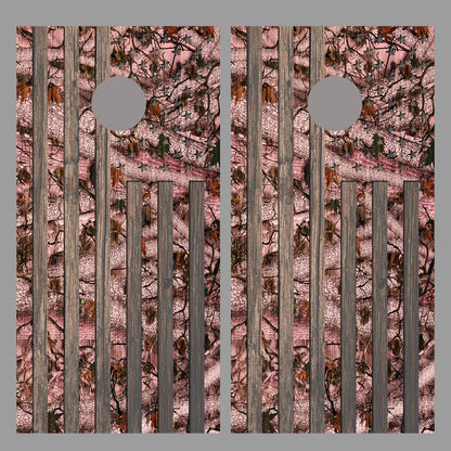 Pink Camouflage American Flag Corn Hole Dark Wood Design Board Wrap