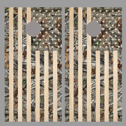Camouflage American Flag Corn Hole Light Wood Design Board Wrap