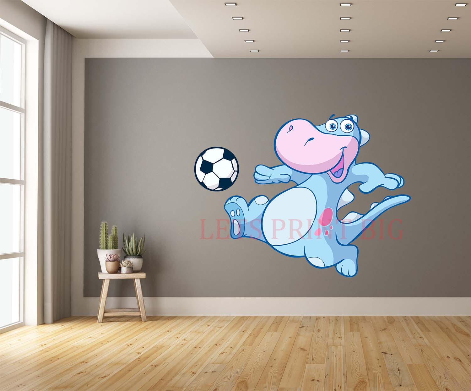 Cartoon Dino Playing Soccer Wall Art Decal