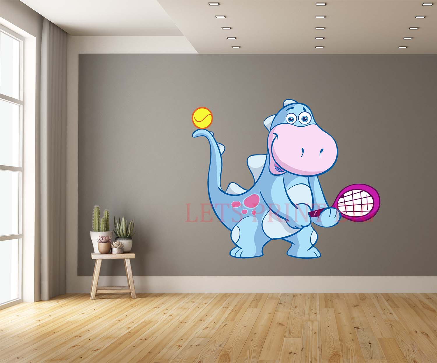 Cartoon Dino Playing Tennis Wall Art Decal