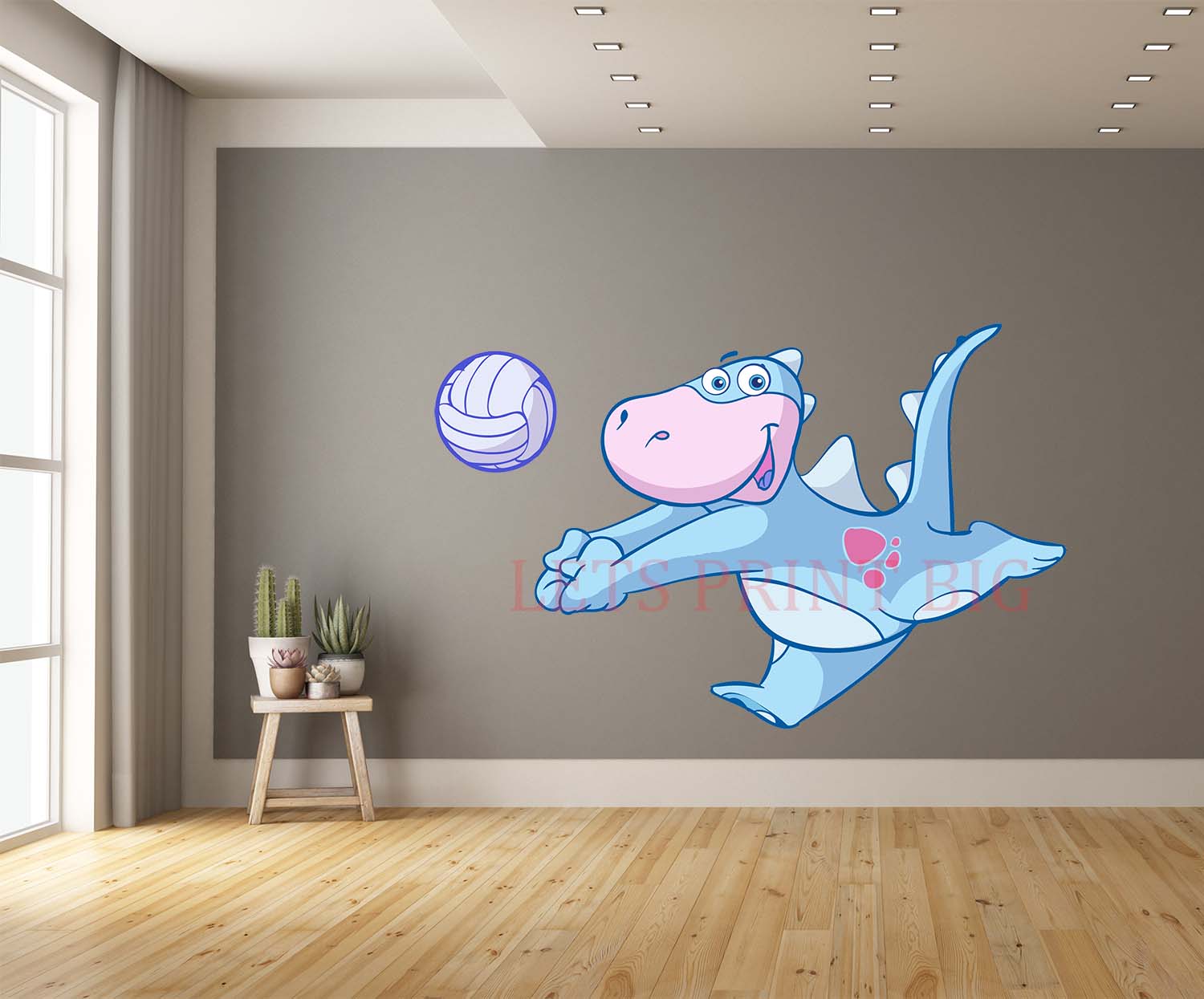 Cartoon Dino Playing Volleyball Wall Art Decal