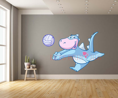 Cartoon Dino Playing Volleyball Wall Art Decal