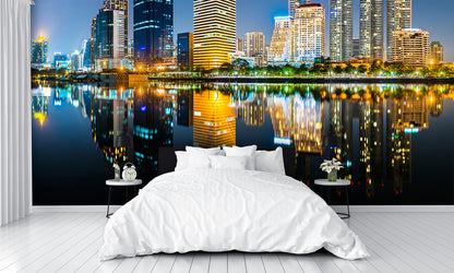 City Skyline Wallpapers at Night Scene Custom Designed Mural