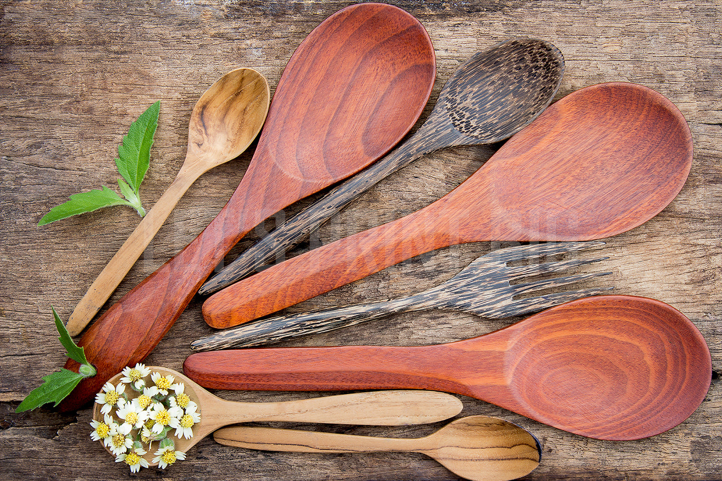 Wood Textured Cooking Utensils Mural Wallpaper