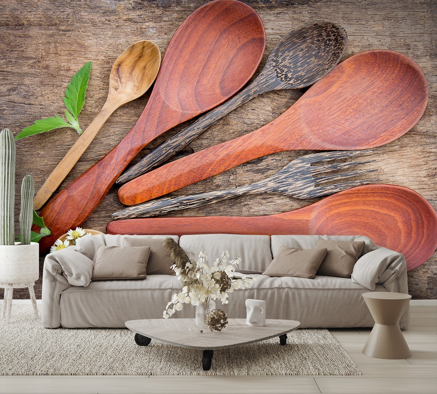 Wood Textured Cooking Utensils Mural Wallpaper