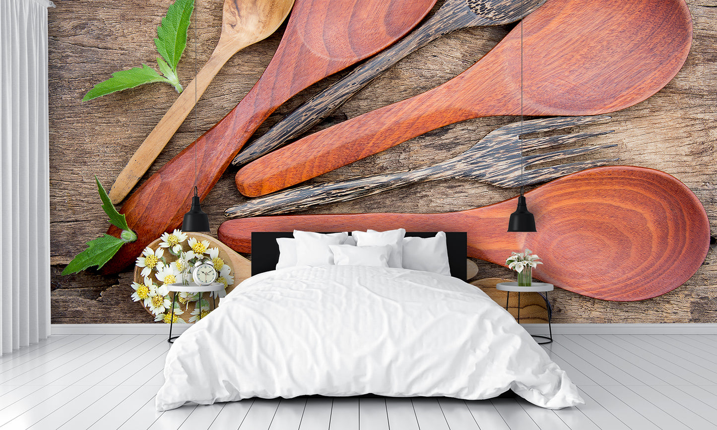 Wood Textured Cooking Utensils Mural Wallpaper